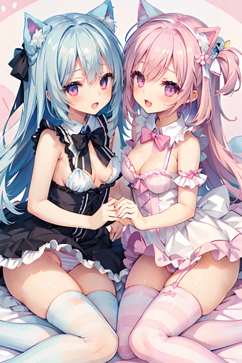 NSFW,Two Little Girls,ffm threesome,licking penis,cooperative fellatio,Lying down,((Lift both legs yourself)),Panties,Having sex,Light blue hair,Light pink hairstyle，Cat ears，Pink eyes，Light blue Lolita，white sock，Lori,pink bows,Striped socks,Smile with op...