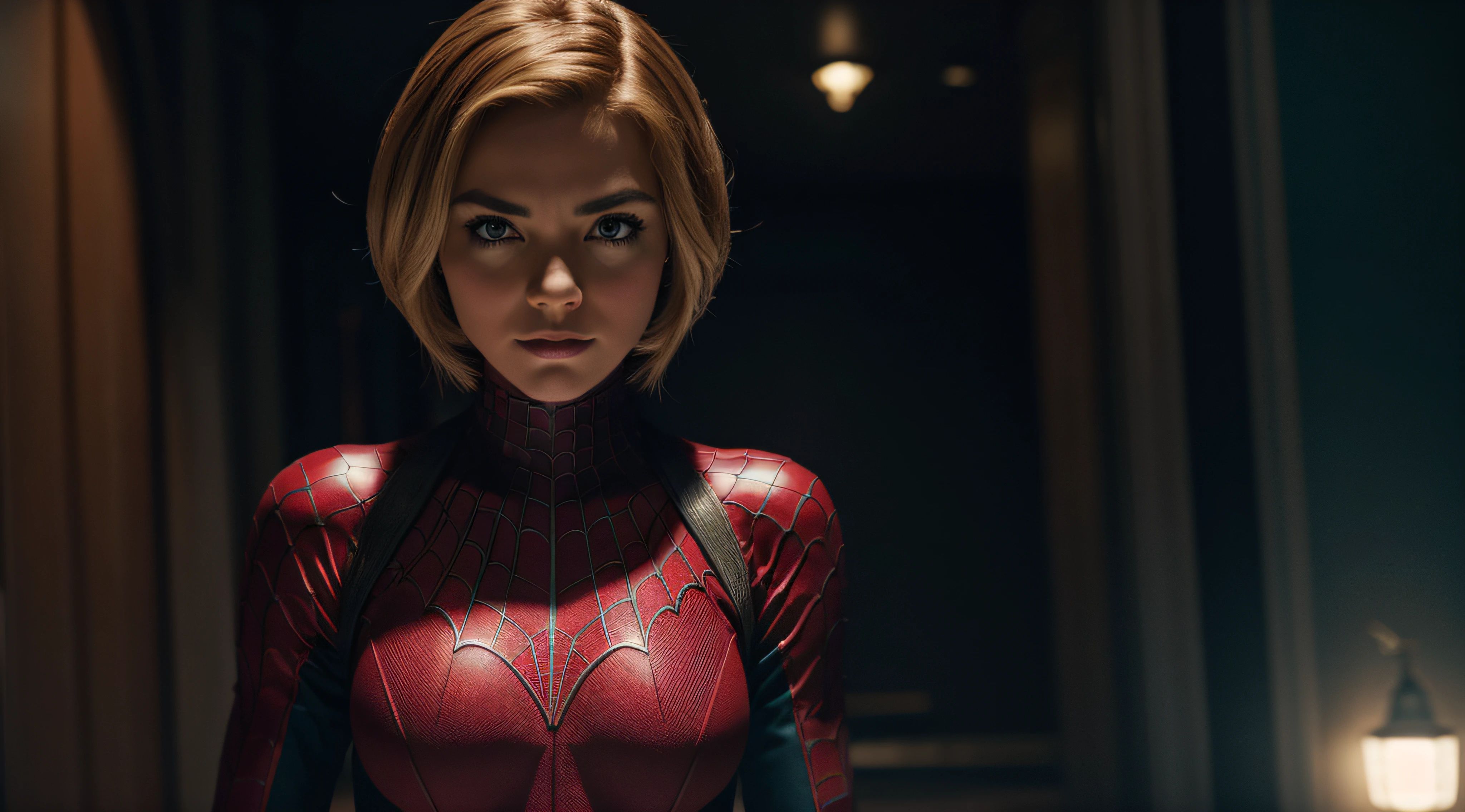 A woman in a spider - man suit stands in a dark room - SeaArt AI