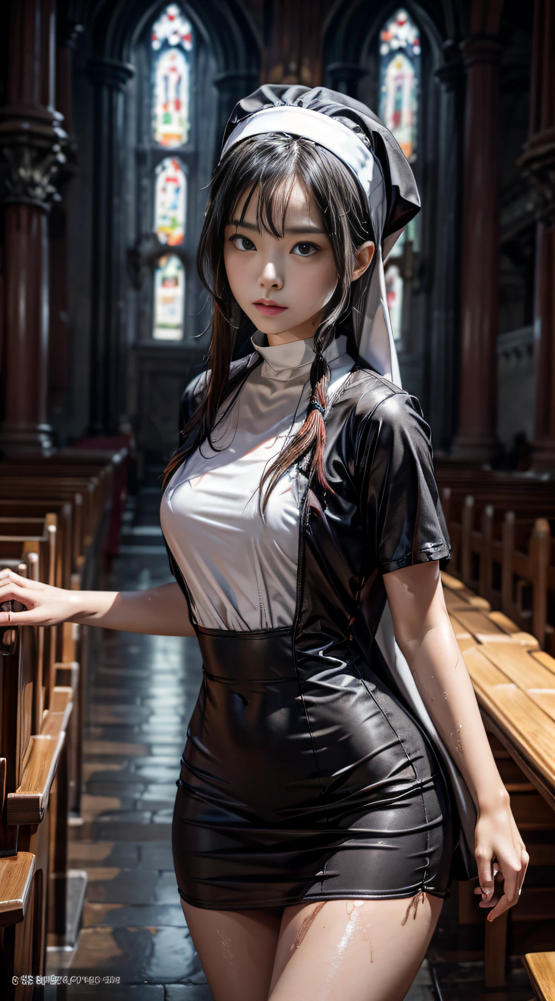 Clothes and skin are soaked all over，（wetclothes：1.9）（（（Nuns wearing nun dresses and nun caps in church））），（（Clothing that exposes））Clothes and skin are soaked all over，Glowing skin，Sweaty skin，Works of masters，Best image quality，Higher quality，high detal，超高分辨率，8K分辨率，perfect hand，full body shot shot，Exquisite facial features，s the perfect face，（真实感：1.4），