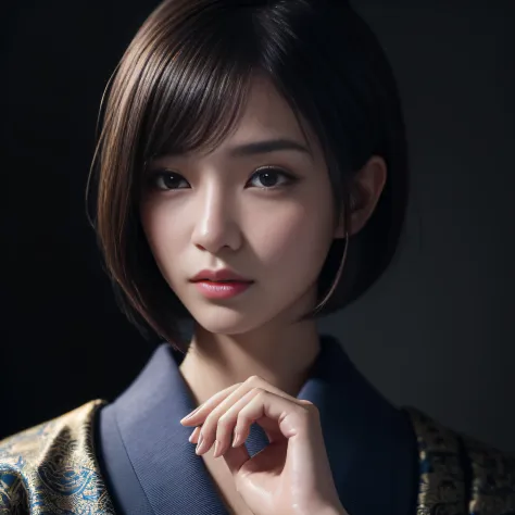 (best quality, masterpiece:1.2, highres, 8k),1girl, beautiful and perfect face, beautiful detailed eyes, beautiful detailed lips, (perfect anatomy, perfect hands), bob cut, japanese clothing, kimono, intricate details, very detailed, hdr, cinematic feel, u...