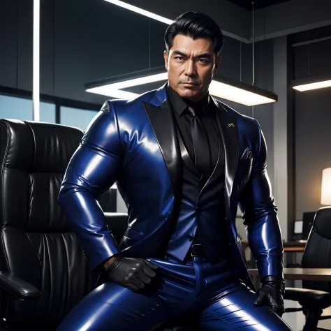 50 years old,daddy,shiny suit ,Dad sat on a chair,k hd,in the office,big muscle, gay ,black hair,asia face,masculine,strong man,...