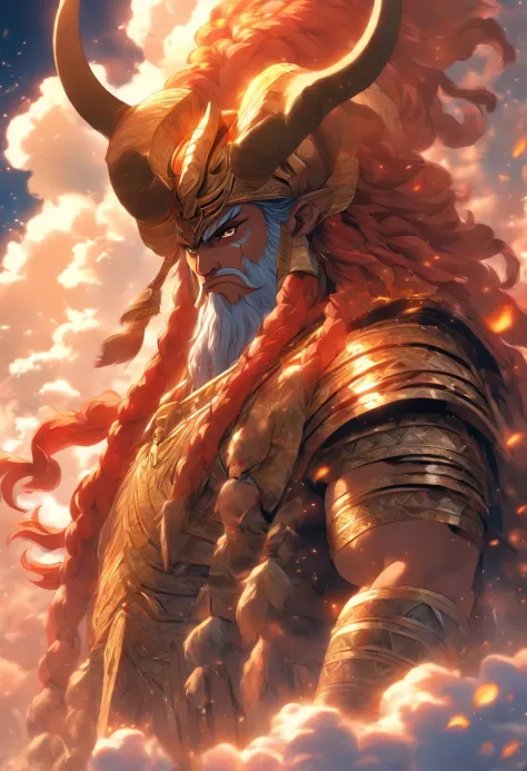 (((ANU))) best quality, ultra-high resolution, 4K detailed CG, masterpiece, Sumerian God,horns, horn,clouds, Sumerian clothes, Sumerian mythology, ((Sky God)), Sumerian image, aesthetic, screen-centric, full body