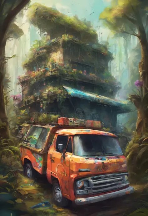Una camioneta, pintada un grafiti mural de una selva y la Lira eso que le pasa l luz de punk floyd