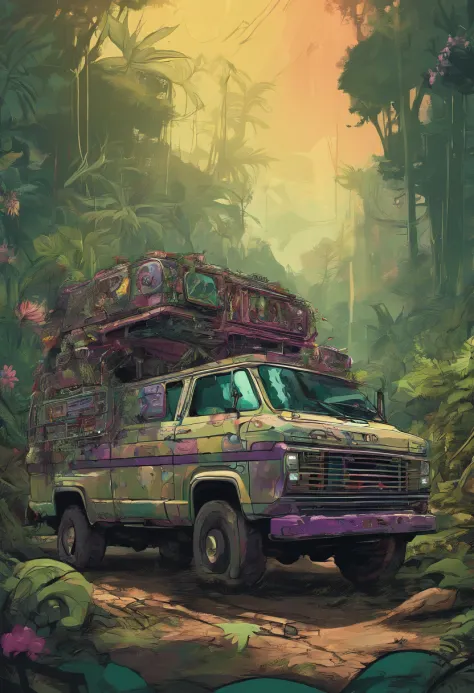 Una camioneta, pintada un grafiti mural de una selva y la Lira eso que le pasa l luz de punk floyd