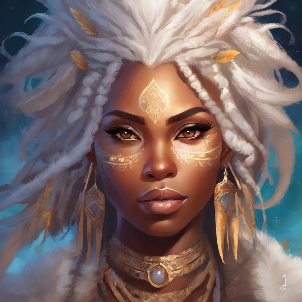 "(best quality,ultra-detailed),Ebony skin,Ebony skinned female:1.1,beautiful detailed eyes,beautiful detailed lips,white dreadlocks,thicc,tribal warrior outfit,not too strong looking,confident posture,exotic background,sharp focus,vivid colors" white dreadlocks, white hair, white dreadlocks