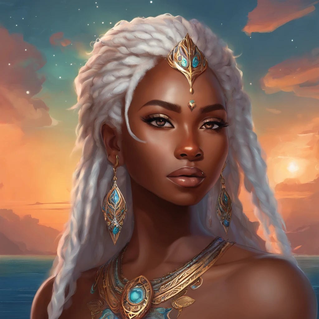 "(best quality,ultra-detailed),Ebony skin,Ebony skinned female:1.1,beautiful detailed eyes,beautiful detailed lips,white dreadlocks,thicc,tribal warrior outfit,not too strong looking,confident posture,exotic background,sharp focus,vivid colors" white dreadlocks, white hair, white dreadlocks