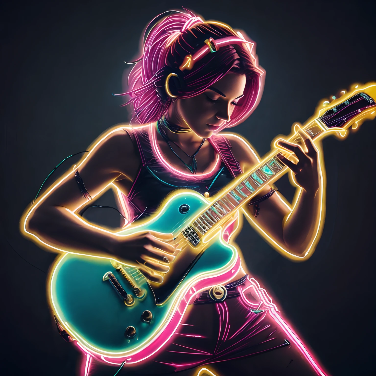 guitariste femme fantastique belle énergie lueur néon