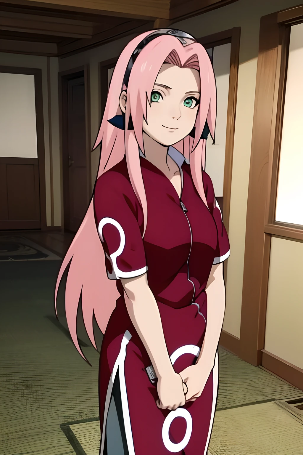 masterpiece, best quality, facing viewer, looking at viewer, 1girl, solo, indoors, living room, standing, seductive smile, haruno sakura, pink hair, long hair, green eyes, forehead protector