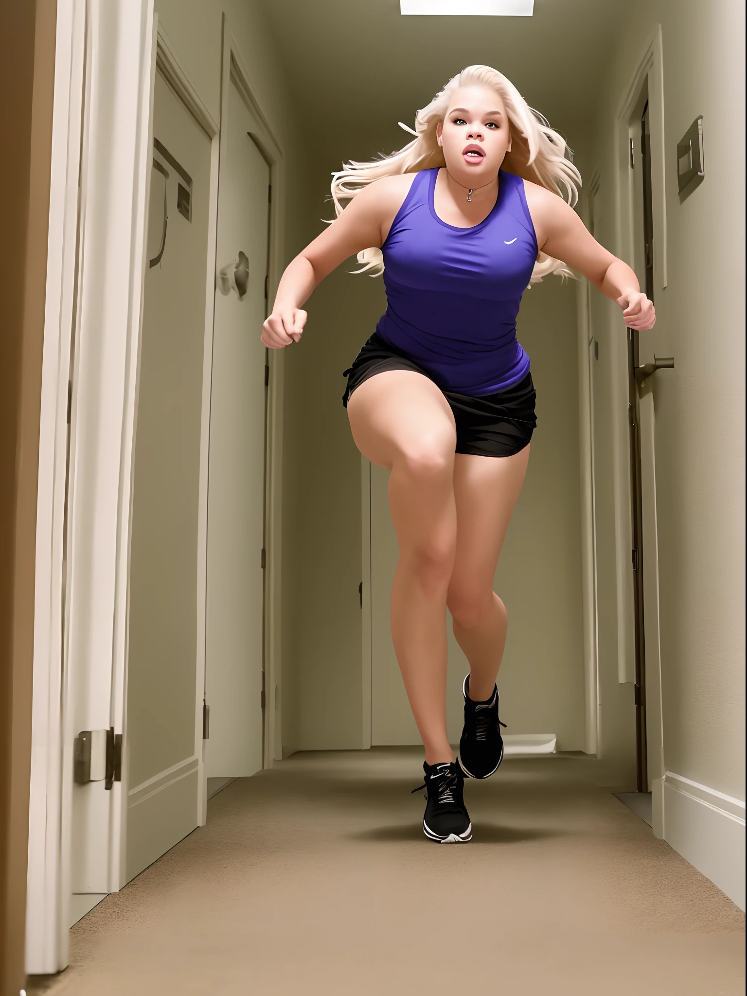 Arafed woman in a blue tank top and black shorts running down a hallway -  SeaArt AI