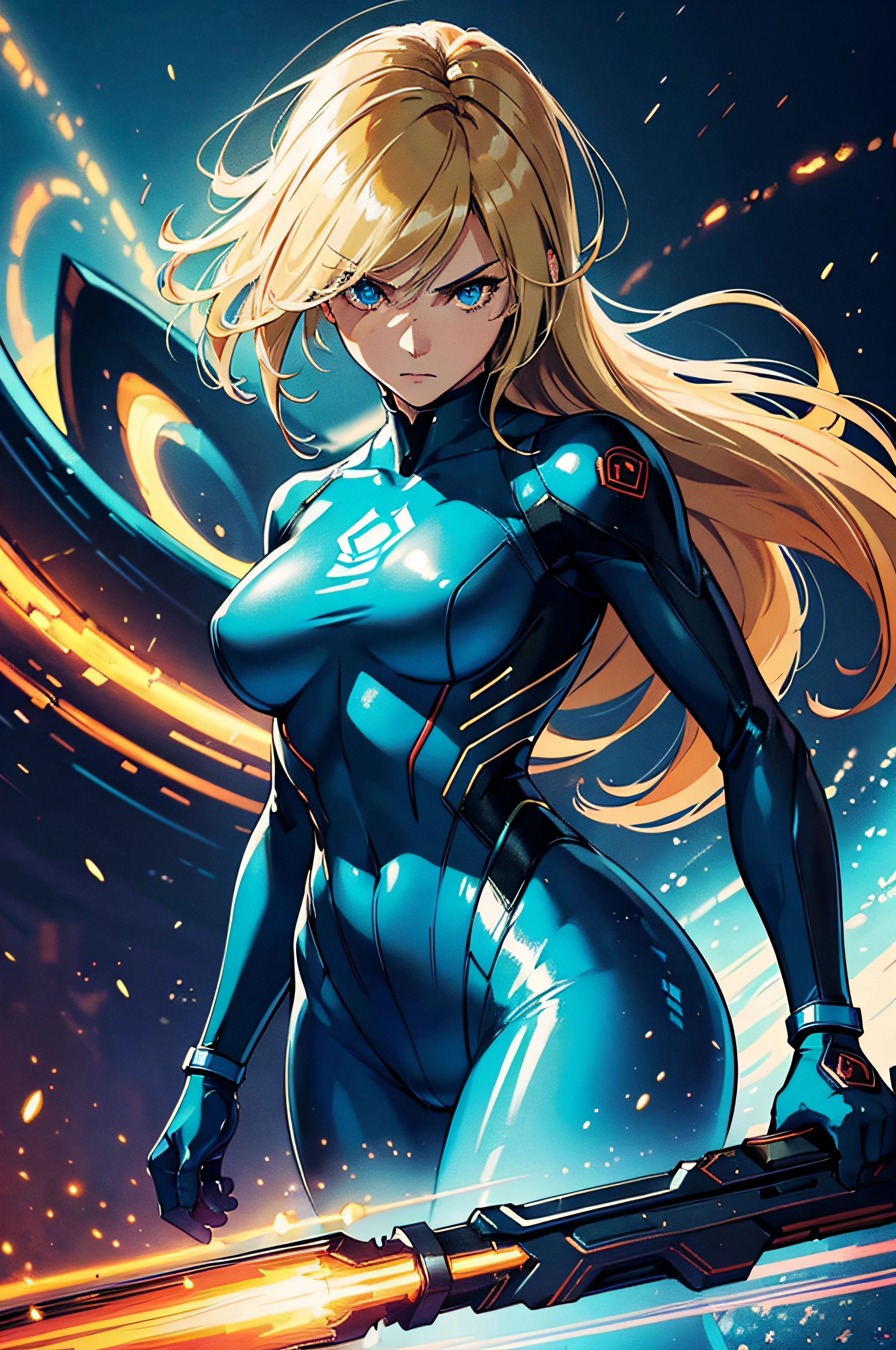 (best quality,highres,masterpiece:1.2),ultra-detailed,realistic,professionally rendered portraiture,portrait close-up,beautifully detailed eyes,flowing hair,sharp focus,[Metroid],female protagonist,Samus Aran,[Zero Suit],form-fitting suit,streamlined design,sleek and cool armor,[sci-fi],powerful warrior,stoic expression,intense gaze,vivid colors,subtle lighting,atmospheric shadows,gritty textures,sophisticated pose,defiant attitude,background with futuristic elements,subtle sci-fi aesthetic,with dynamic energy,meticulously painted,artistic lighting effects,subtle hints of glowing energy,striking composition,heroic,sci-fi concept art