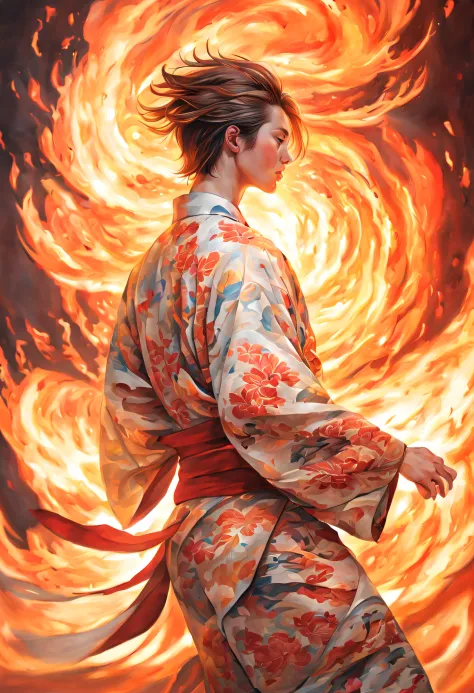 super male model in sexy pattern kimono, Depict bara character in the midst of dynamic action. This could be an action hero, an ...