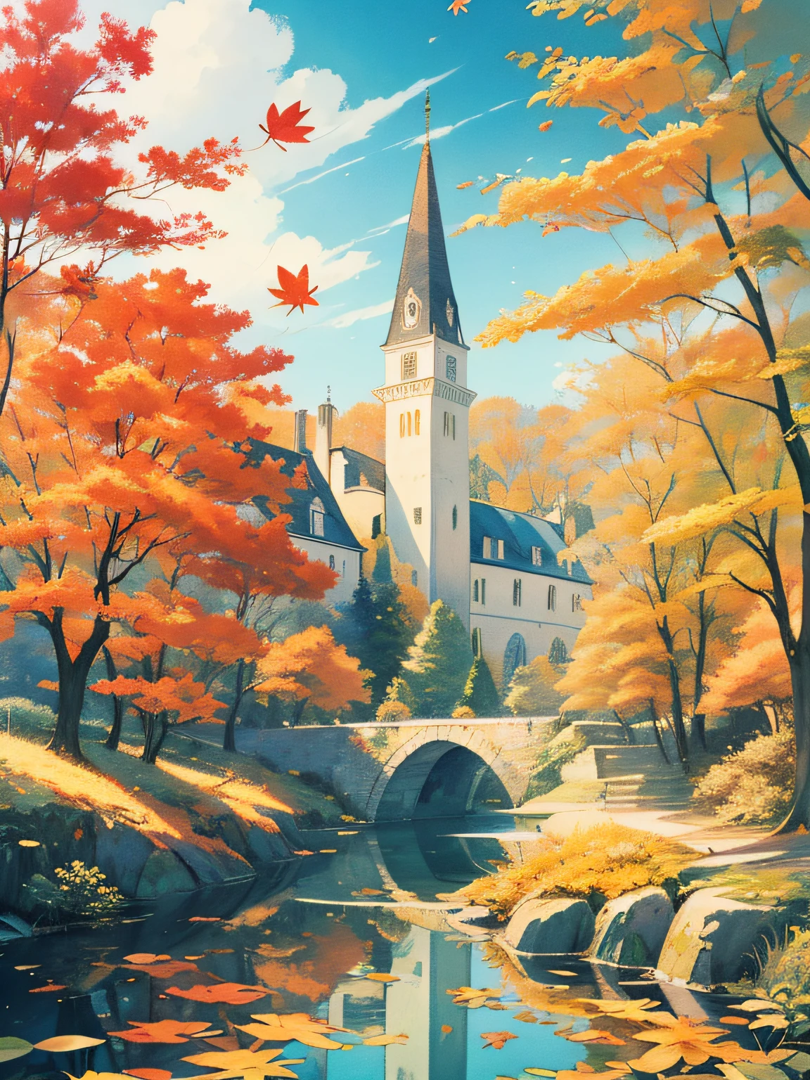 (((Meisterwerk))),beste Qualität, weiße Stadt, Ahornblätter, Herbst