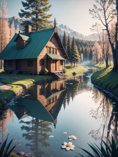 Russia, village, terema, wooden houses, cars, pond, fairy tale A mesmerizing ultra HD painting has been crafted, showcasing a mesmerizing display of details, such as hoarfrost and pearl sunlight, an iced river in forest, and even an inkwell and ink quill h...