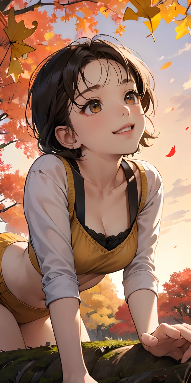 realisticlying、(10 years old female child)、Outdoor Fashion、Emphasis on backward buttocks、Dynamic close-up looking up from under a ginkgo tree、Beautiful autumn leaves、Slightly larger breasts with an emphasis on cleavage、Versatile sexy poses、The sky turns red at sunset、Face smile