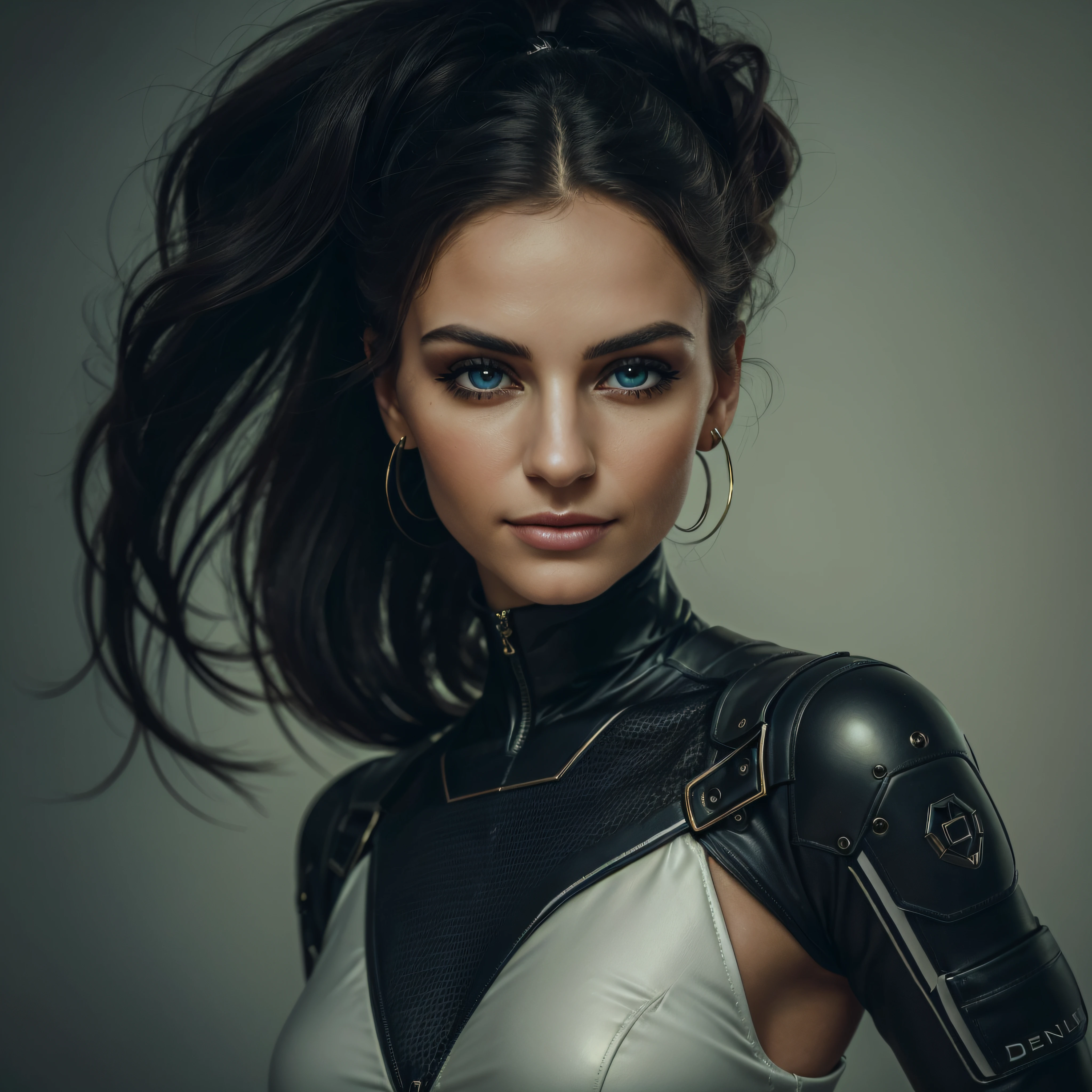 (wide shot), (futuristic hexagonal fashion style, deus ex aesthetic), (authentic expressive eyes: 1.2), An exquisite portrait of a Scandinavian woman (with pale white skin: 1.3) and dark makeup, the photograph captured in stunning 8k resolution and raw format to preserve the highest quality of details. The woman's beauty is undeniable. She wears futuristic angular clothing that complements her soft features, (her eyes are portrayed with meticulous attention to detail: 1.3), showcasing the captivating depth within her eyes. The photograph is taken with a lens that emphasizes the gentle smile in her eyes, and the backdrop is a dark studio setting that enhances the muted colours of the scene. The lighting and shadows are expertly crafted to bring out the richness of her skin tone and the subtle nuances of her features. Her pure black hair, with its distinct hue, adds a touch of contrast against her white skin. The interior setting adds a sense of intimacy. The overall composition captures her essence with authenticity and grace, creating a portrait that celebrates her heritage and beauty. Photography utilizing the best techniques for shadow and lighting, to create a mesmerizing portrayal that transcends the visual, slightly tilted head, (extreme eye details: 1.4)
