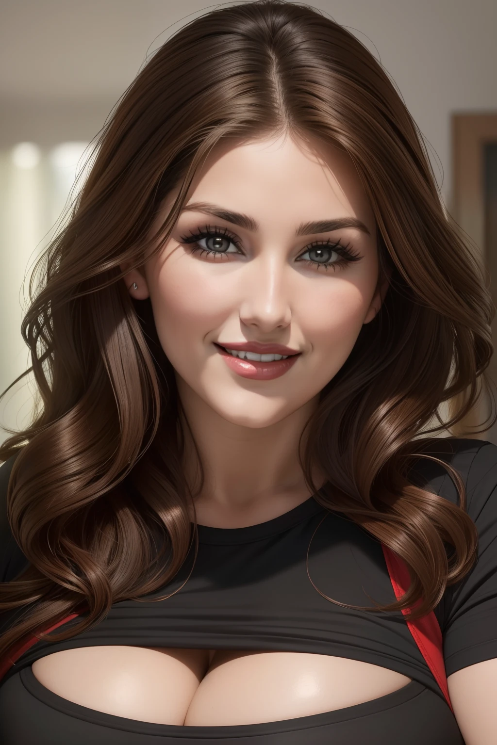 Lucy Pinder, Face portrait, smiling, brown hair, wavy hair, cleavage, red lipstick, black t-shirt, very chubby woman.