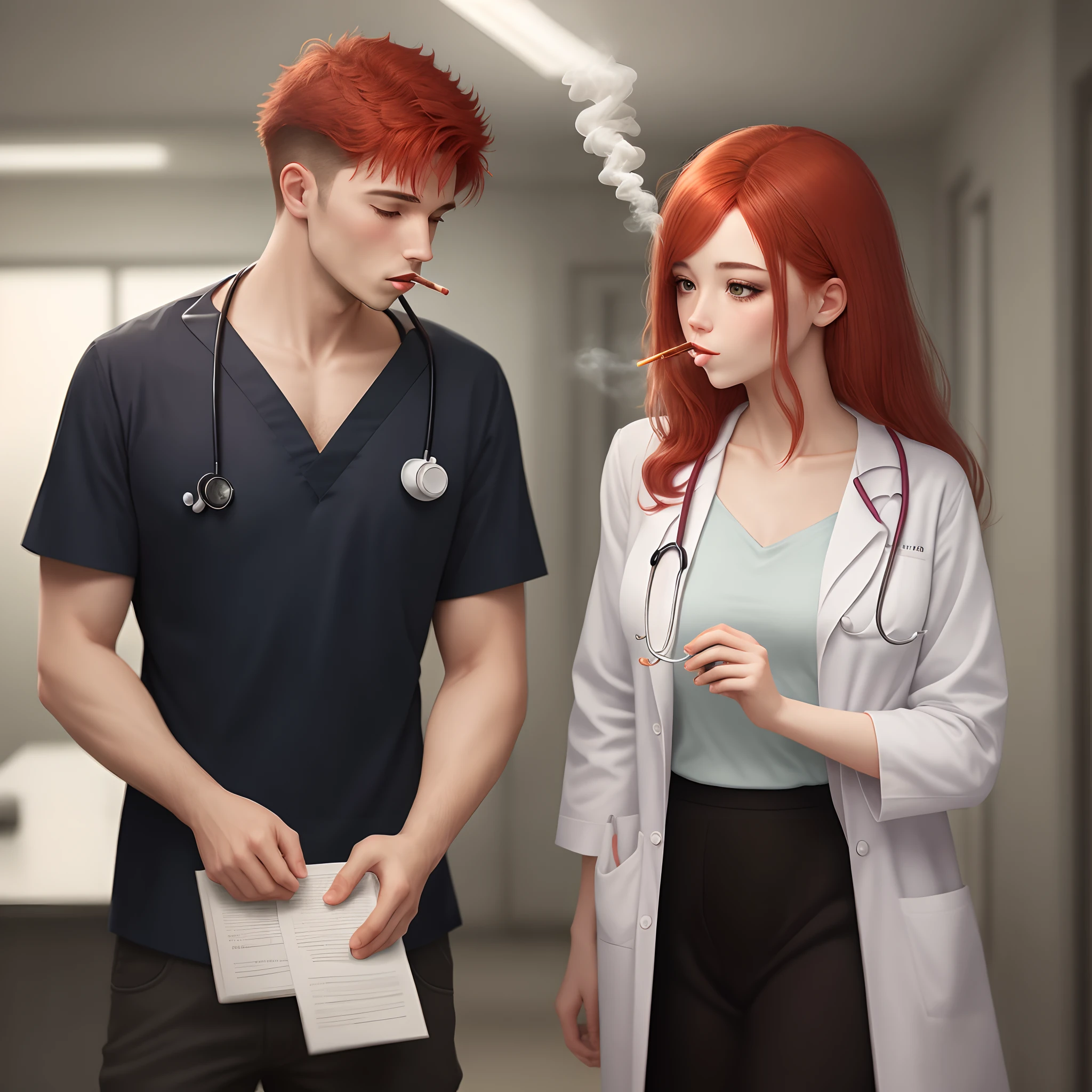 A woman with red hair and a man in a white lab coat - SeaArt AI