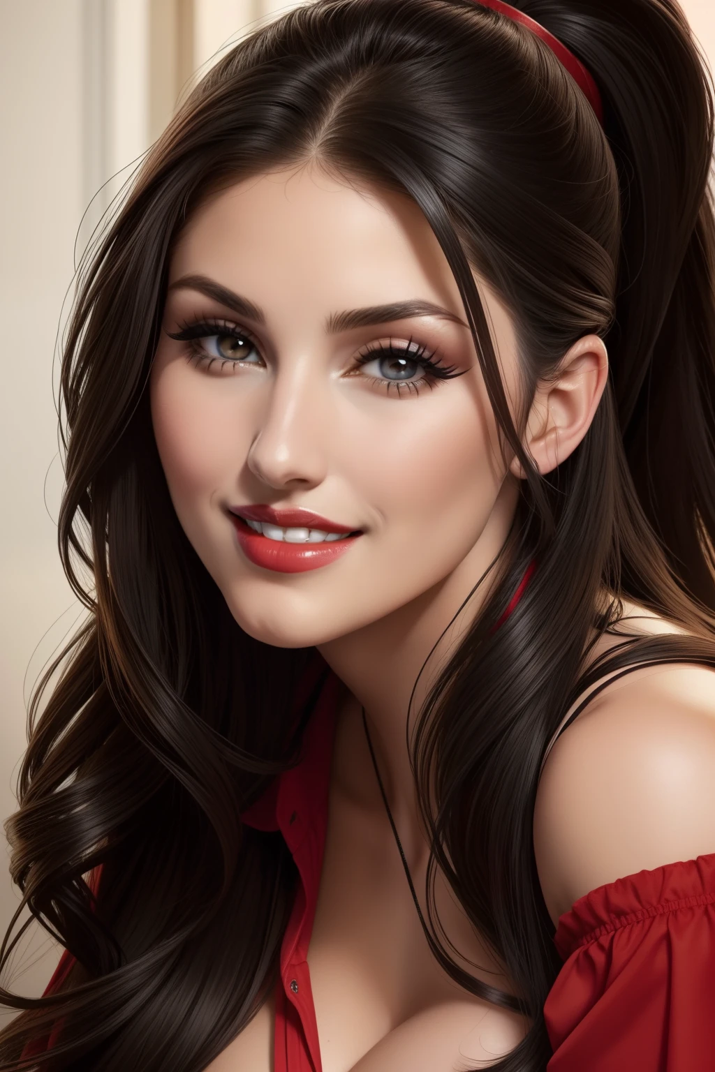 Lucy Pinder, Face portrait, smiling, black hair, long hair, ponytail, cleavage, red lipstick, black blouse, makeup