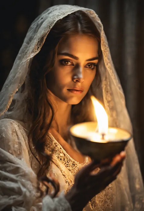 uma mulher bonita, rosto com muitos detalhes, dressed in white and a veil over her brown hair, She's holding an unlit oil lamp. ...