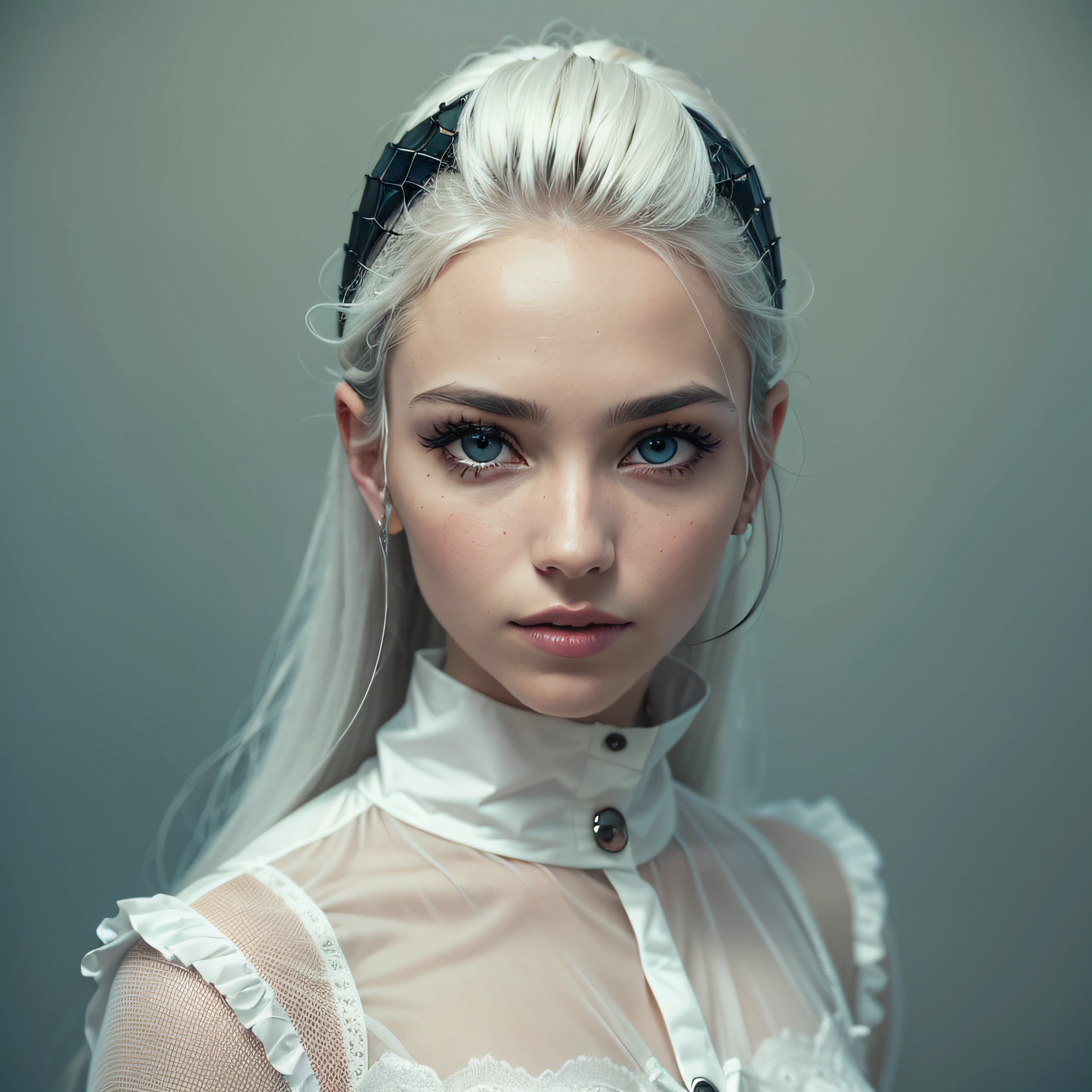 (wide shot), (futuristic hexagonal fashion style, deus ex aesthetic), (authentic expressive eyes: 1.2), An exquisite portrait of a Scandinavian woman (with pale white skin: 1.3) and dark makeup, the photograph captured in stunning 8k resolution and raw format to preserve the highest quality of details. The woman's beauty is undeniable. She wears futuristic angular clothing that complements her soft features, (her eyes are portrayed with meticulous attention to detail: 1.3), showcasing the captivating depth within her eyes. The photograph is taken with a lens that emphasizes the gentle smile in her eyes, and the backdrop is a dark studio setting that enhances the muted colours of the scene. The lighting and shadows are expertly crafted to bring out the richness of her skin tone and the subtle nuances of her features. Her white hair with black sides, with its distinct hue, adds a touch of contrast against her white skin. The interior setting adds a sense of intimacy. The overall composition captures her essence with authenticity and grace, creating a portrait that celebrates her heritage and beauty. Photography utilizing the best techniques for shadow and lighting, to create a mesmerizing portrayal that transcends the visual, slightly tilted head, (extreme eye details: 1.4)