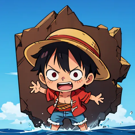 1 boy anime character, luffy from One Piece Anime, happy expression, front facing, full body, chibi version.