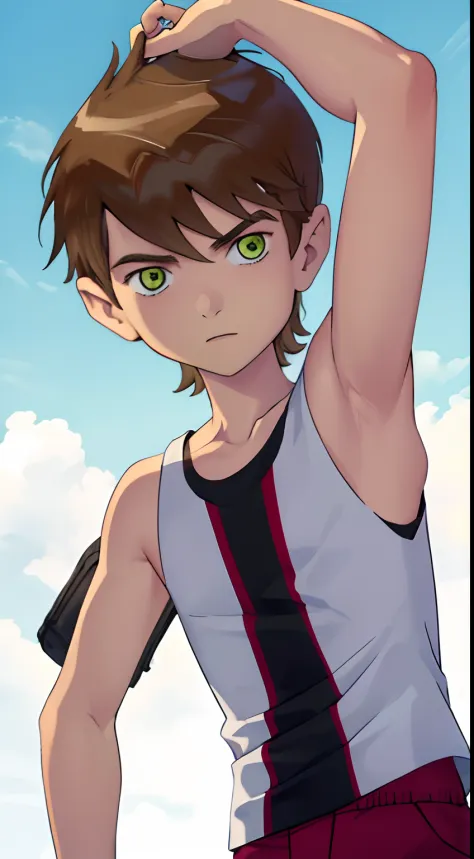 Highres, Masterpiece, Best quality at best,Best Quality, 1boy, bentennyson, green eyes, cargo pants, watch, white tank top, close-up the body, upper body,  the day, summer, (armpit)