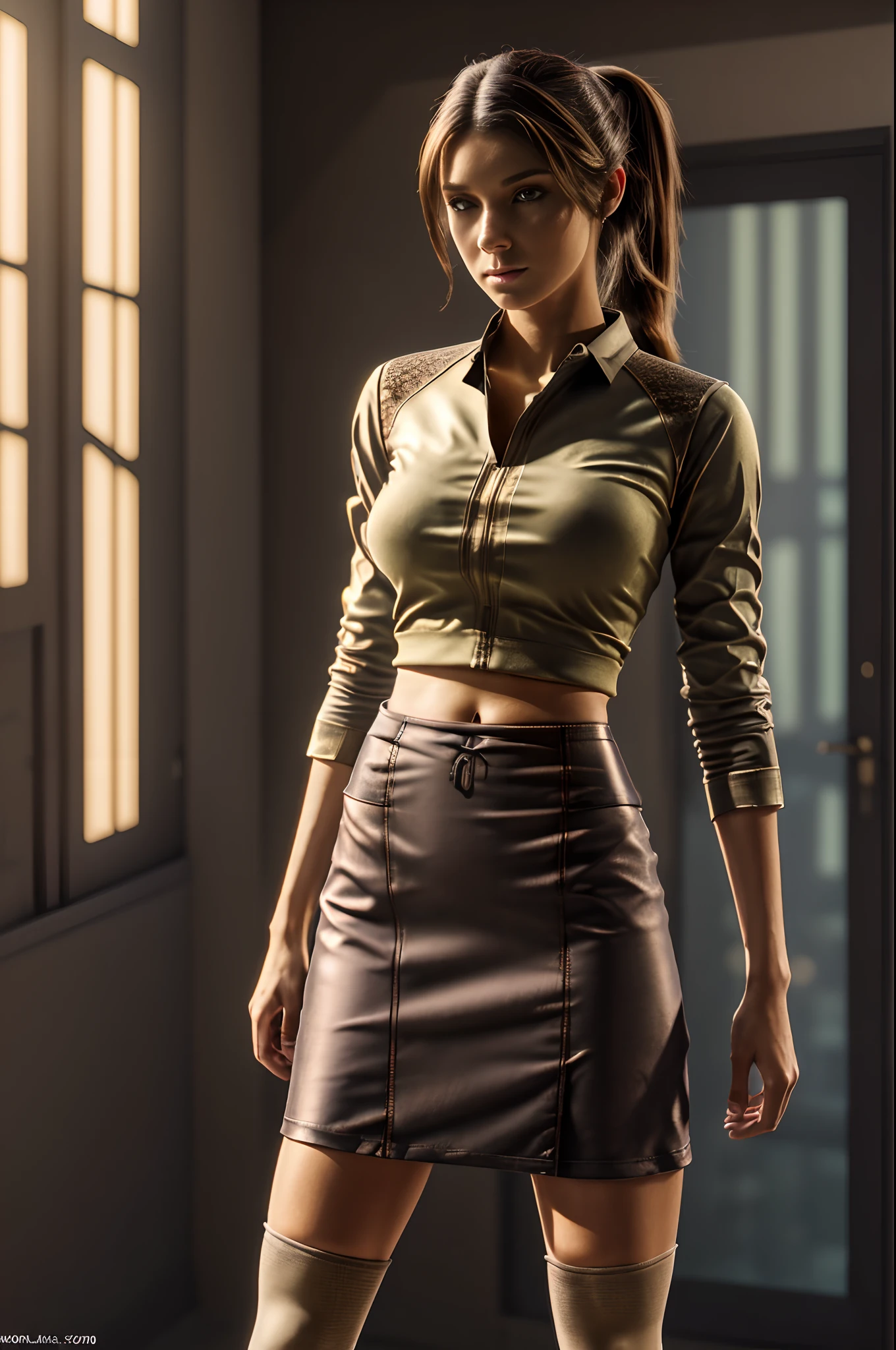 A close up of a woman in a skirt and shirt posing - SeaArt AI