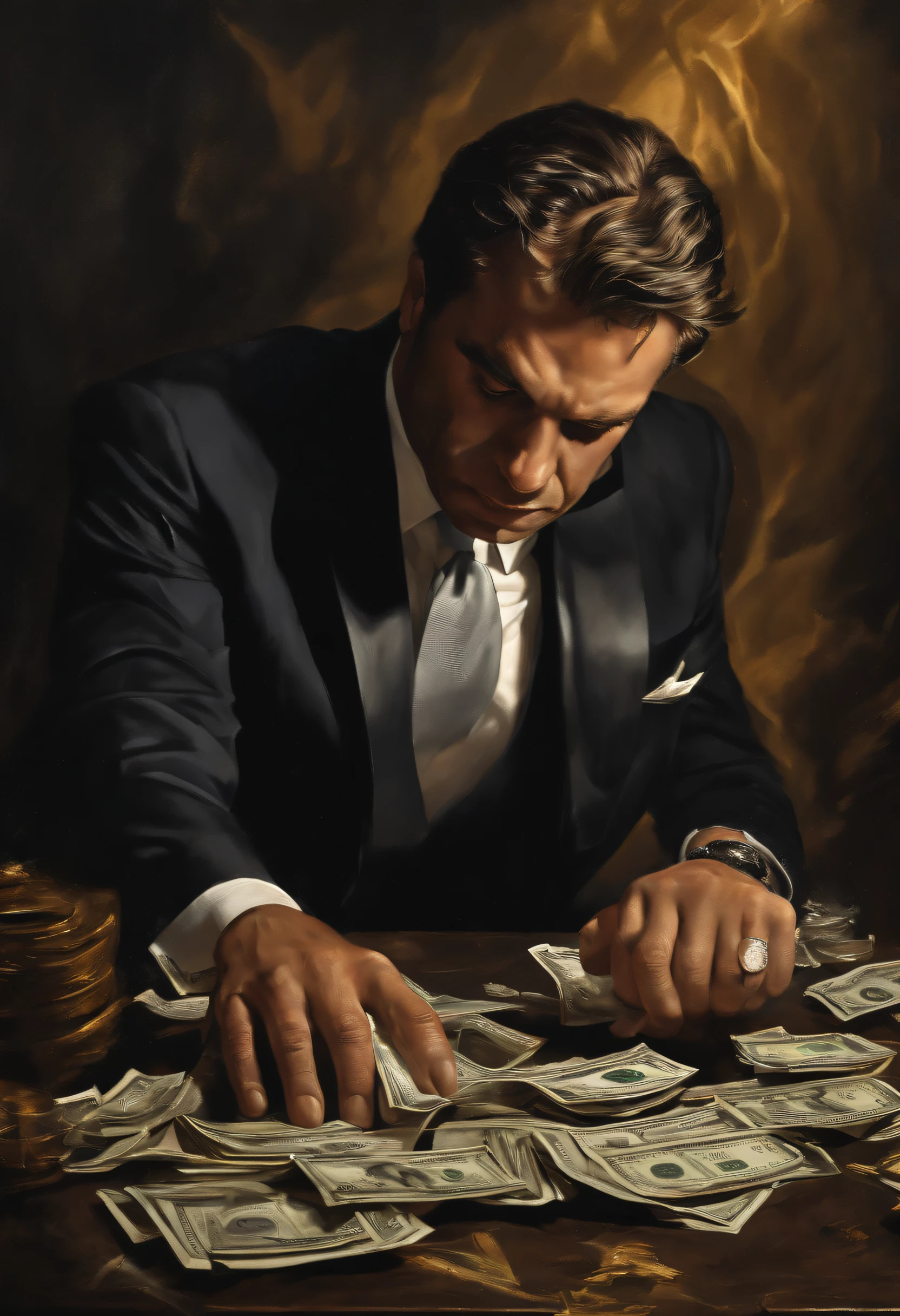 Man fighting money, Oil Painting, Harsh brush strokes, Dramatic Lighting, intense expression, Determined eyes, hold fists, sweat dripping down his face, Wrinkled suit, broken chains, Crumbling dollar bills, Crumbling Stock Market Graph, Smoke rises in the background, Black and white with a touch of gold, Realism. (Best Quality, hight resolution, Ultra-detailed), (Realistic:1.37), Professional, Vivid colors.