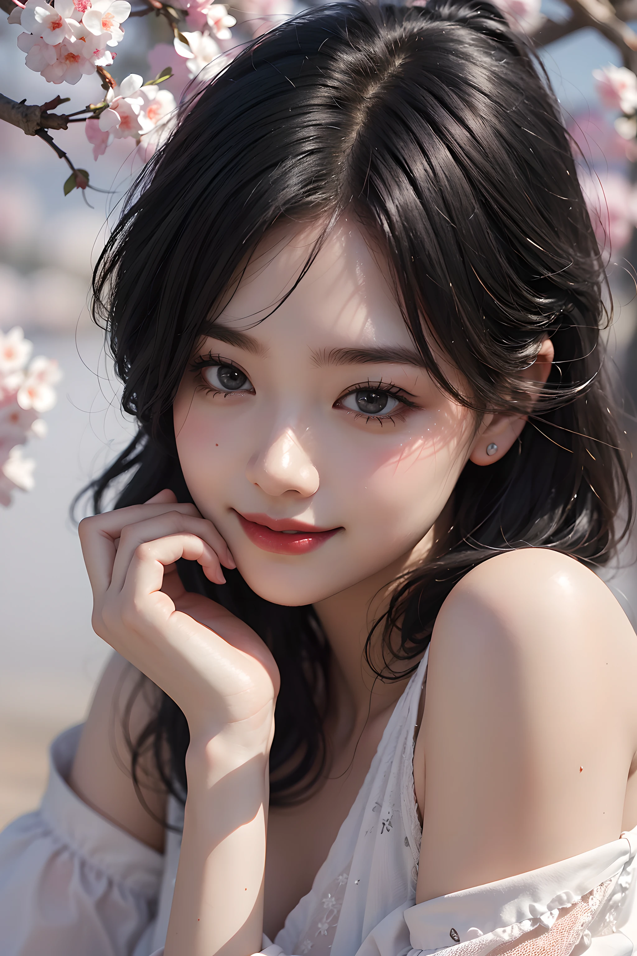best quality, masterpiece, ultra high res, RAW, 8k, ultra-realistic, young girl, offshoulder, smile, soft lighting, detailed skin, (black hair:1.4), red lipstick, hand on cheek, Sakura Background