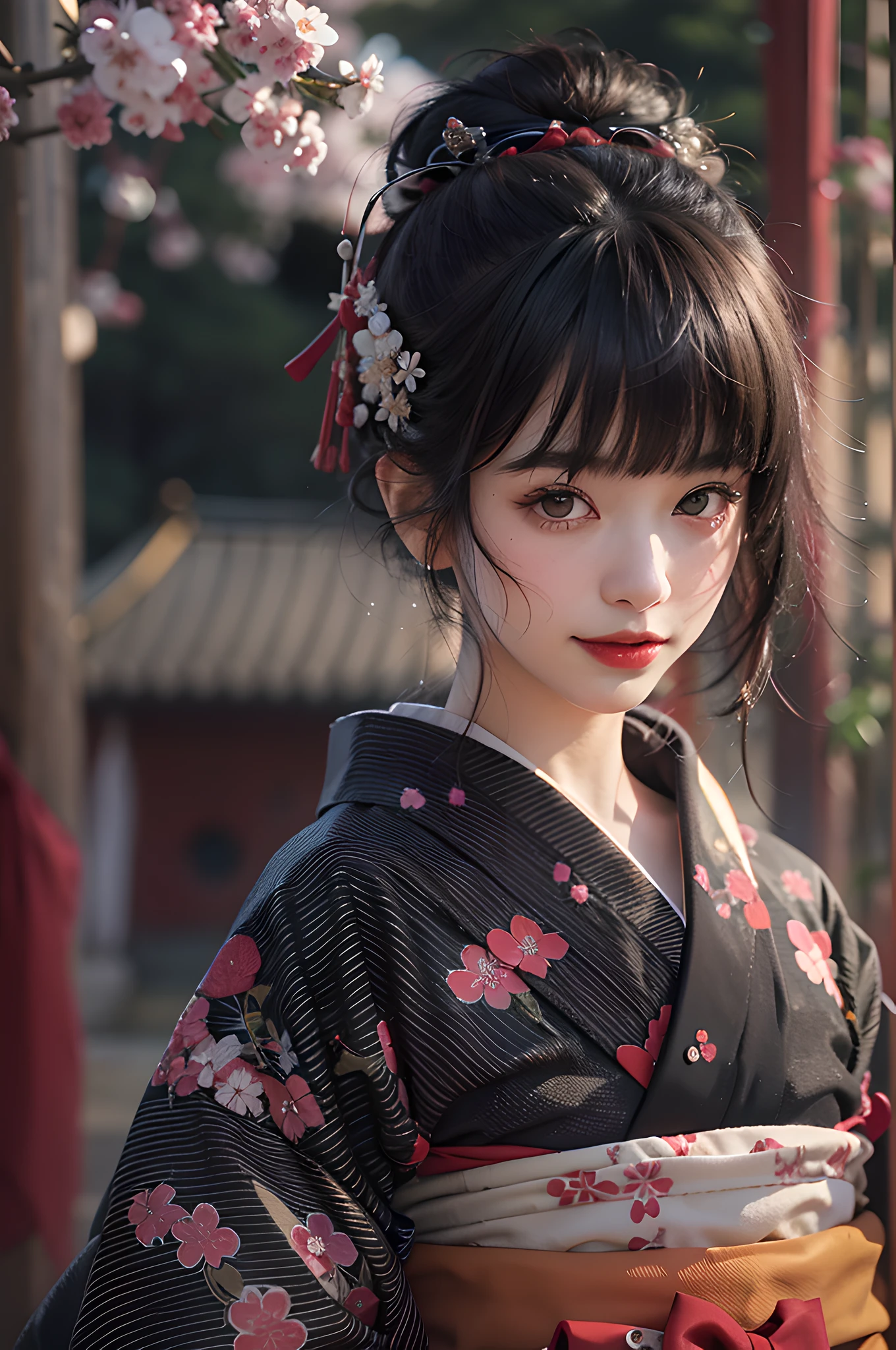 beste Qualität, Meisterwerk, ultrahohe Auflösung, Roh, 8k, ultra-realistisch, junges Mädchen, schulterfrei, lächeln, natürliches Licht, detaillierte Haut, (Schwarzes Haar:1.4), roter Lippenstift, (Bangs:1.2), ((Sakura-Hintergrund)), Außergewöhnlich schöne Augen, Kimono tragen_Kleidung, roter Kimono