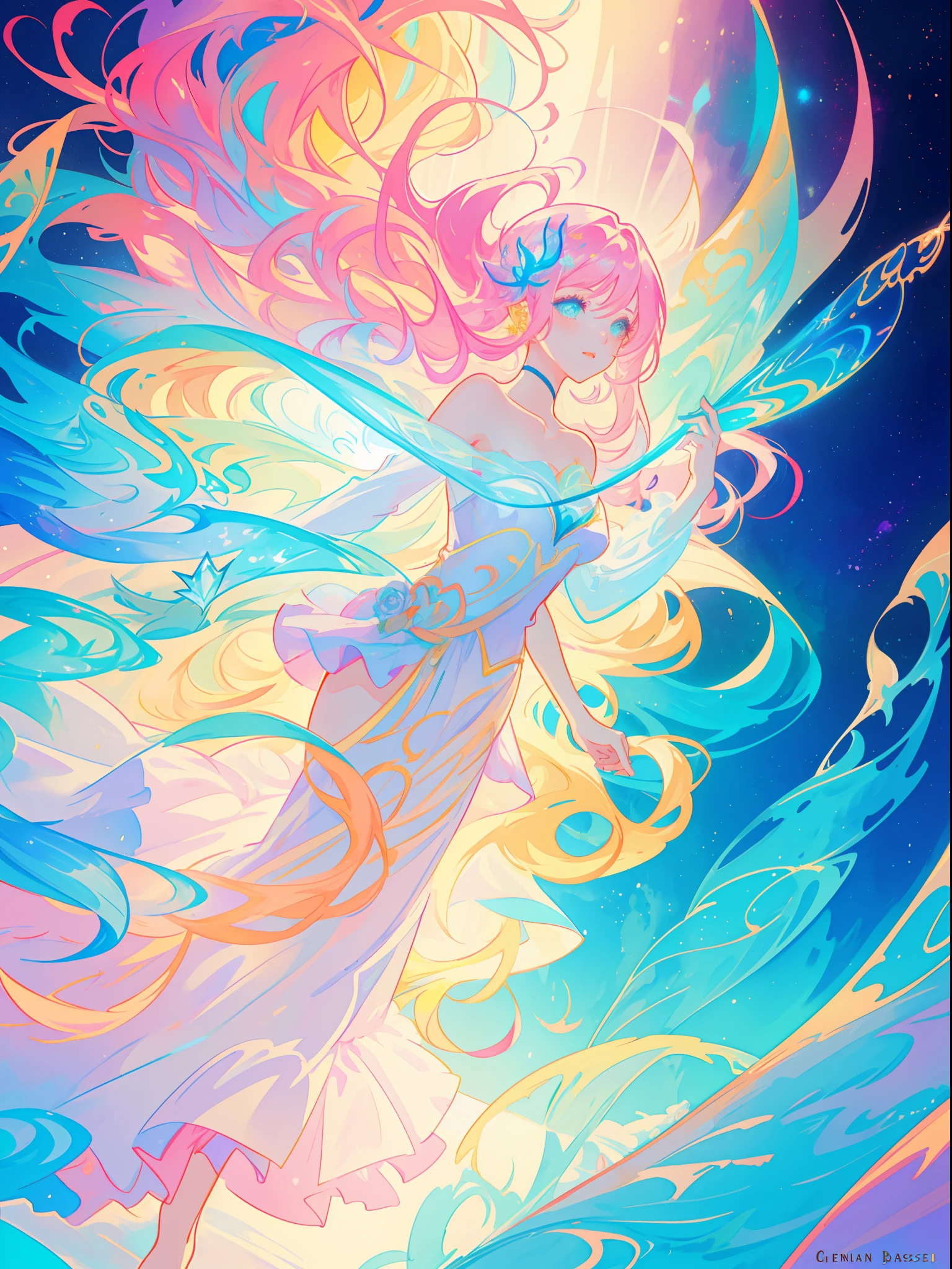 beautiful girl, vibrant pastel colors, vibrant pastel colors, flowing white dress(colorful), magical lights, long flowing colorful hair, inspired by Glen Keane, inspired by Lois van Baarle, disney art style, by Lois van Baarle, glowing aura around her, by Glen Keane, jen bartel, glowing lights! digital painting, flowing glowing hair, glowing flowing hair, beautiful digital illustration, fantasia background, whimsical, magical, fantasy, beautiful face, ((masterpiece, best quality)), intricate details, highly detailed, sharp focus, 8k resolution, sparkling detailed eyes, liquid watercolor