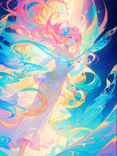 beautiful girl, vibrant pastel colors, vibrant pastel colors, flowing white dress(colorful), magical lights, long flowing colorful hair, inspired by Glen Keane, inspired by Lois van Baarle, disney art style, by Lois van Baarle, glowing aura around her, by ...