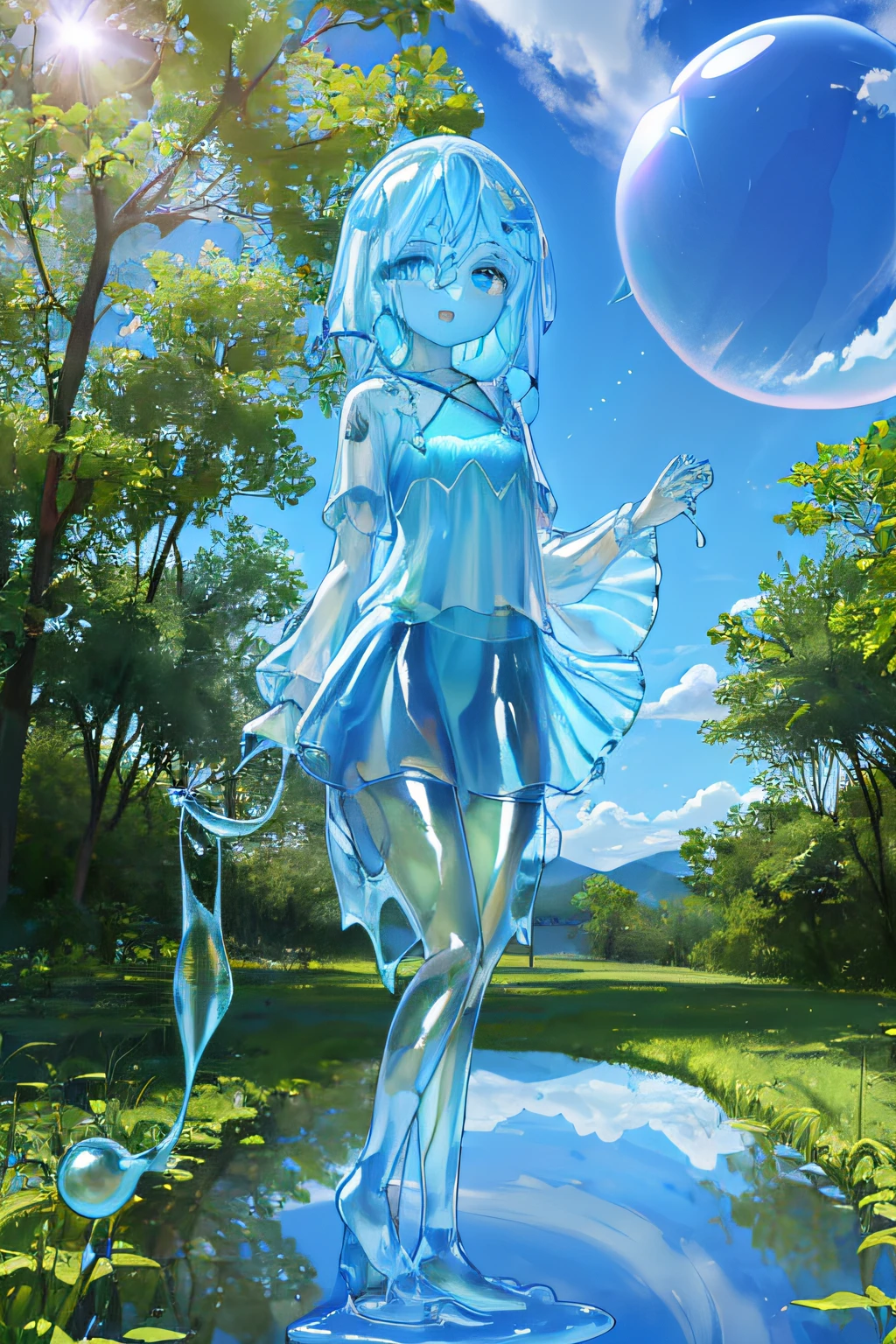 1 girl, The best quality, Amazing complexity, (Slime Girl:1.3), (transparent:1.3), (transparent:1.1), (refraction,reflecion:1.1), (cara transparente, cuerpo transparente, piel transparente, Mano transparent, pata transparente:1.4), (rounded eyes:1.3), :D, medium breasts, medium hair, from the front, cowboy shot, Standing, naked, In the woods, liver, flower, mountain in the distance, sky, Backlight, (Lens flare:1.2)