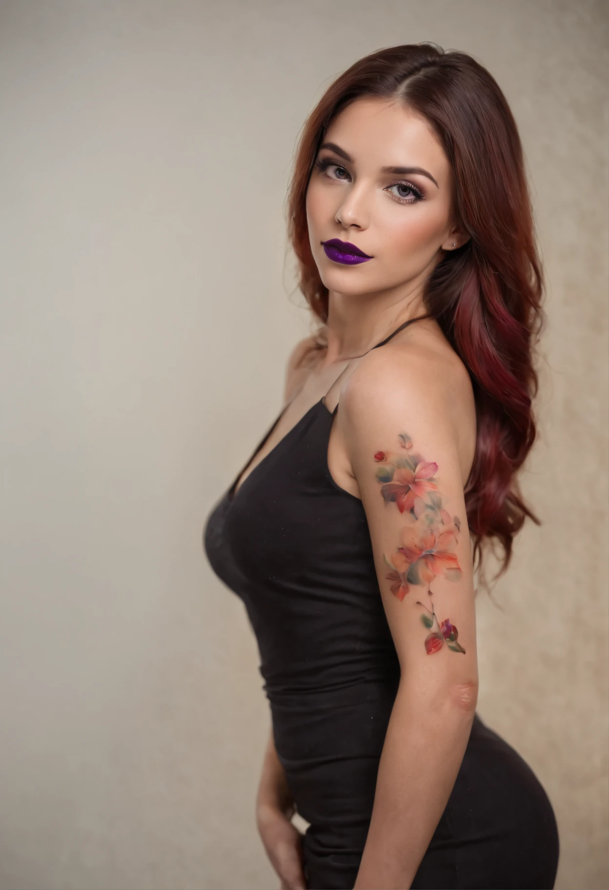 A woman with a tattoo on her arm and a black dress - SeaArt AI