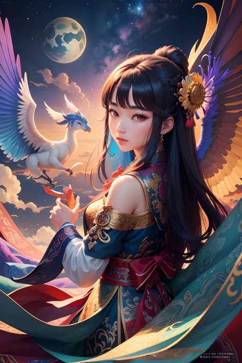Immerse yourself in the vibrant colors and intricate details of a Chinese mystical creatures as it soars through the heavens, surrounded by immortals and other mythical creatures, vibrant colors, scenic, heavens, immortals, light, bright, beautiful