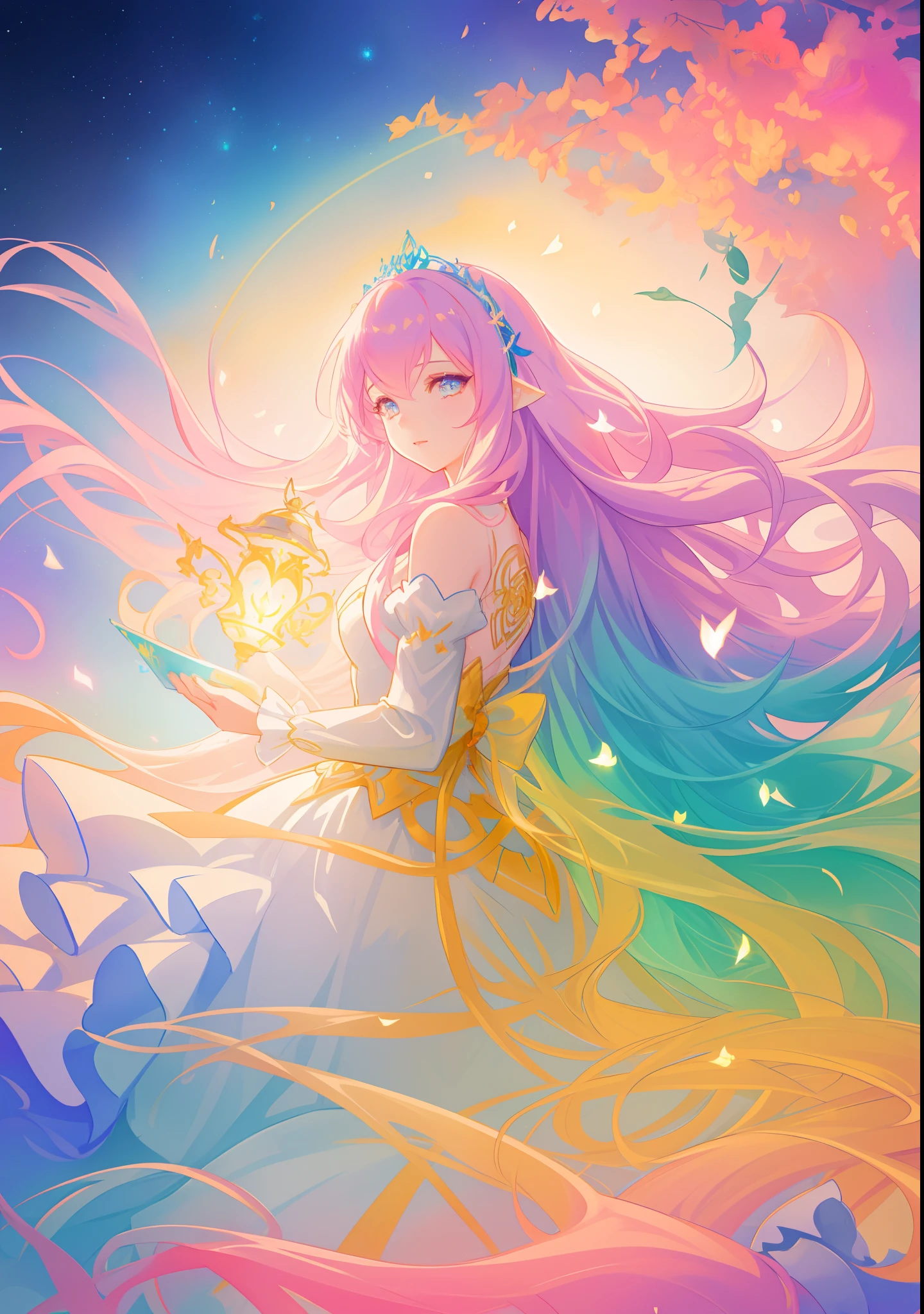 beautiful girl, puffy tiered ballgown with puffy long sleeves, vibrant pastel colors, (colorful), glowing golden long hair, magical lights, sparkling magical liquid, inspired by Glen Keane, inspired by Lois van Baarle, disney art style, by Lois van Baarle, glowing aura around her, by Glen Keane, jen bartel, glowing lights! digital painting, flowing glowing hair, glowing flowing hair, beautiful digital illustration, fantasia background, whimsical, magical, fantasy, ((beautiful face)), ((masterpiece, best quality)), intricate details, highly detailed, sharp focus, 8k resolution, sparkling detailed eyes, liquid watercolor