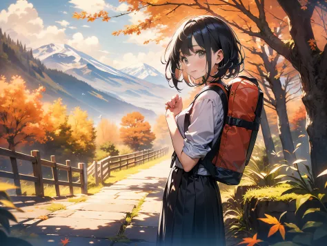 in 8K、top-quality、​masterpiece、ultra-detailliert、Ultra-high resolution、((1 persons))、girl with、a short bob、mountain climbing、backpack、autumnal、Colored leaves