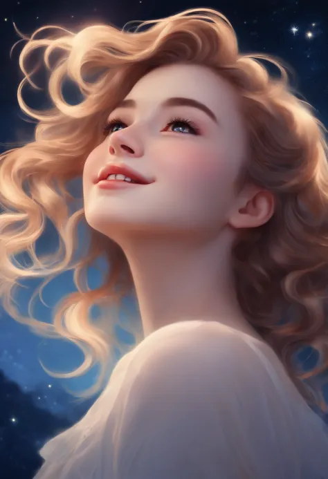 girl with,Looking up at the starry sky,Mouth closed and smile,The eye line is looking upwards,Hairstyle is wavy fluffy long,Angle is up from the side