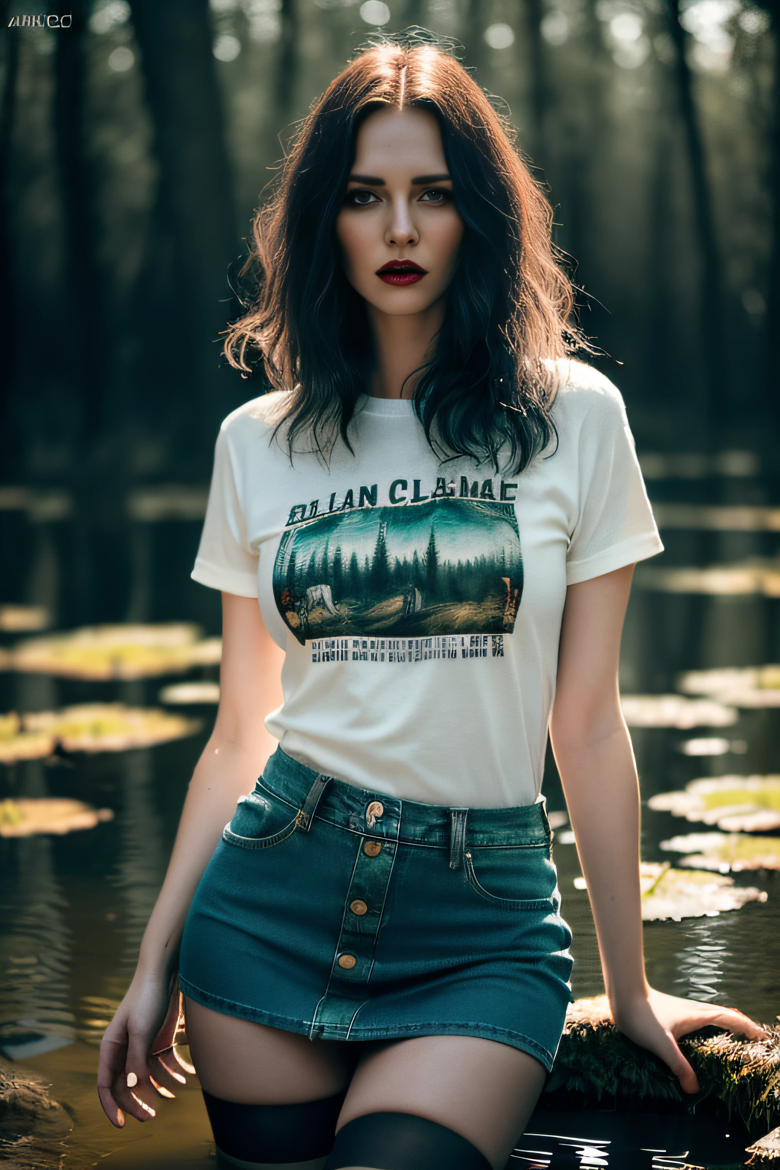 drowning in a bog, (Best Quality,4k,8K,hight resolution,Masterpiece:1.2),Ultra-detailed,(Realistic,Photorealistic,photo-realistic:1.37),Woman in denim skirt,T-shirt and stockings with garters, reveling in their shame,Vivid colors,perfect  lighting,High contrast,blurred background,An Unapologetic Expression,haute couture,Forest setting,Confident posture,golden hour lighting,Rustic charm,Acute vibes,provocative,A sense of modern fashion, decadence,Bold style,Urban chic,striking composition,Long-lasting aesthetics,Details,,Bold Makeup,Grunge Fashion,Нахальное attitude,Raw emotions,Alluring beauty,A Bold Fashion Statement,bokeh, drowning in a swamp:1.3