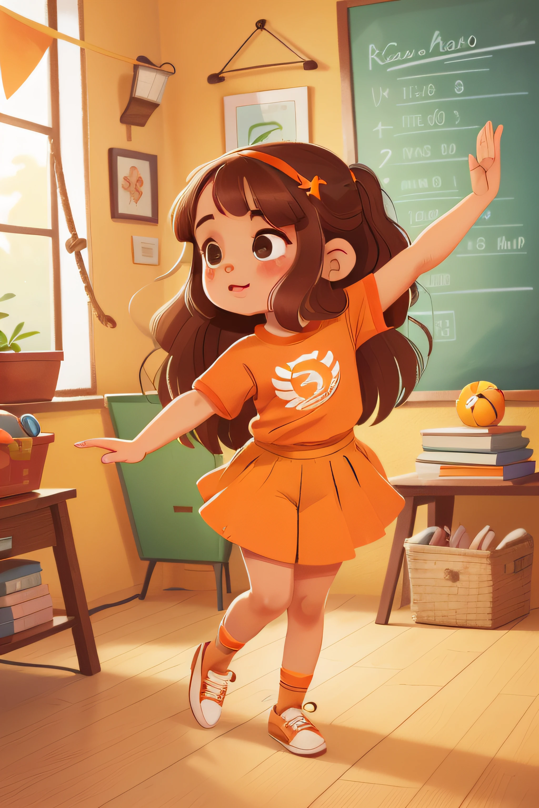 Full Length  Pose de rosto bonito para vintage, vintage,  de 4 anos, t-shirt amarela, saia marrom, orange sneakers, medium brown hair, olhos castanho, feliz, Dancing in the classroom with long hair and expressive eyes, Music playing