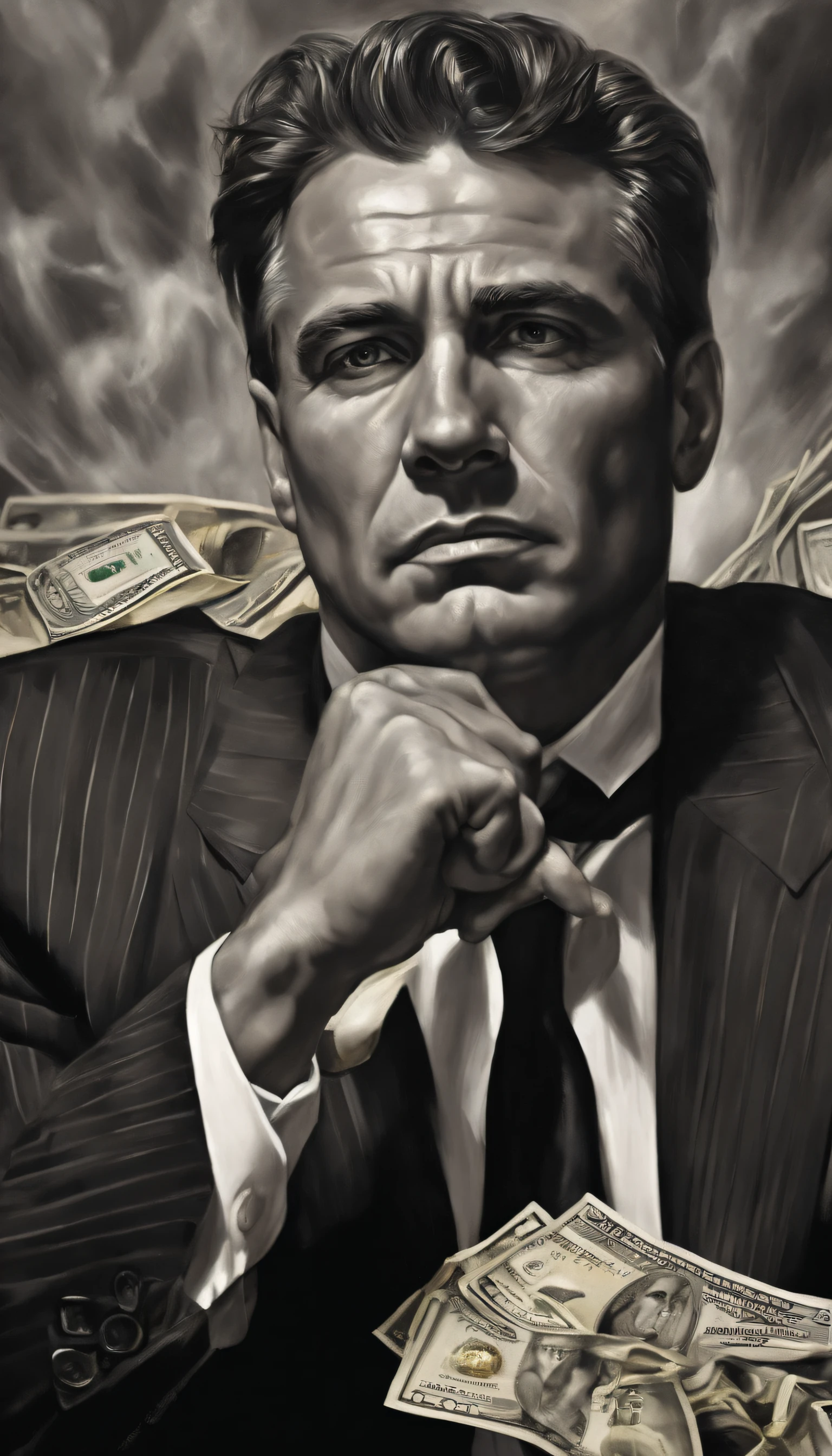 Man fighting money, Oil Painting, Harsh brush strokes, Dramatic Lighting, intense expression, Determined eyes, hold fists, sweat dripping down his face, Wrinkled suit, broken chains, Crumbling dollar bills, Crumbling Stock Market Graph, Smoke rises in the background, Black and white with a touch of gold, Realism. (Best Quality, hight resolution, Ultra-detailed), (Realistic:1.37), Professional, Vivid colors.