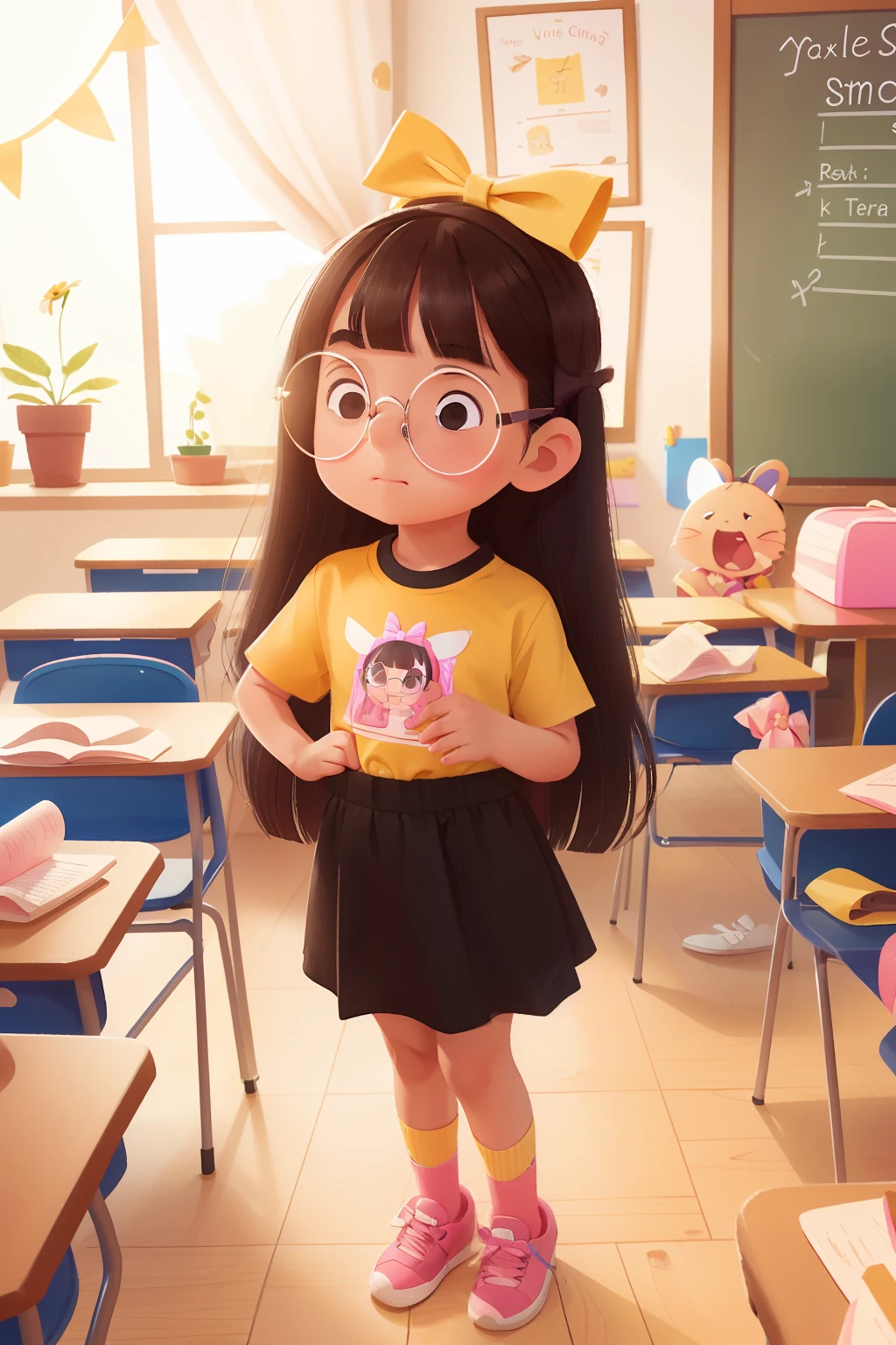 5 year old girl named Maria wearing yellow t-shirt, dark brown skirt, pink sneakers, black hair, bangs, bow with bow, long hair, straight hair, bangs, black eyes, wearing glasses, asking question in the classroom