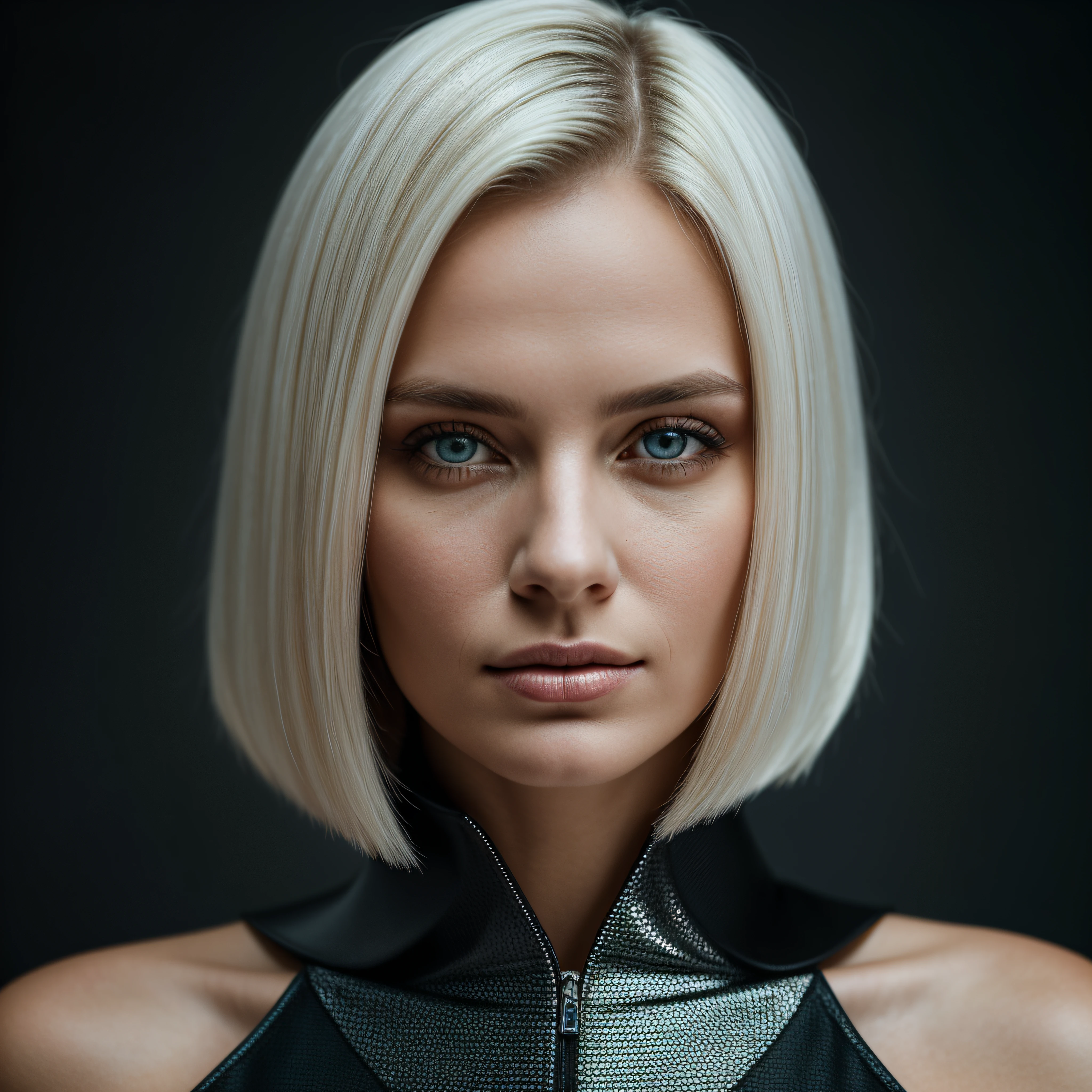 (wide shot), (futuristic hexagonal fashion style, deus ex aesthetic), (authentic expressive eyes: 1.2), An exquisite portrait of a Scandinavian woman (with pale white skin: 1.3) and dark makeup, the photograph captured in stunning 8k resolution and raw format to preserve the highest quality of details. The woman's beauty is undeniable. She wears futuristic angular clothing that complements her soft features, (her eyes are portrayed with meticulous attention to detail: 1.3), showcasing the captivating depth within her eyes. The photograph is taken with a lens that emphasizes the gentle smile in her eyes, and the backdrop is a dark studio setting that enhances the muted colours of the scene. The lighting and shadows are expertly crafted to bring out the richness of her skin tone and the subtle nuances of her features. Her white hair with black sides, with its distinct hue, adds a touch of contrast against her white skin. The interior setting adds a sense of intimacy. The overall composition captures her essence with authenticity and grace, creating a portrait that celebrates her heritage and beauty. Photography utilizing the best techniques for shadow and lighting, to create a mesmerizing portrayal that transcends the visual, slightly tilted head, (extreme eye details: 1.4)