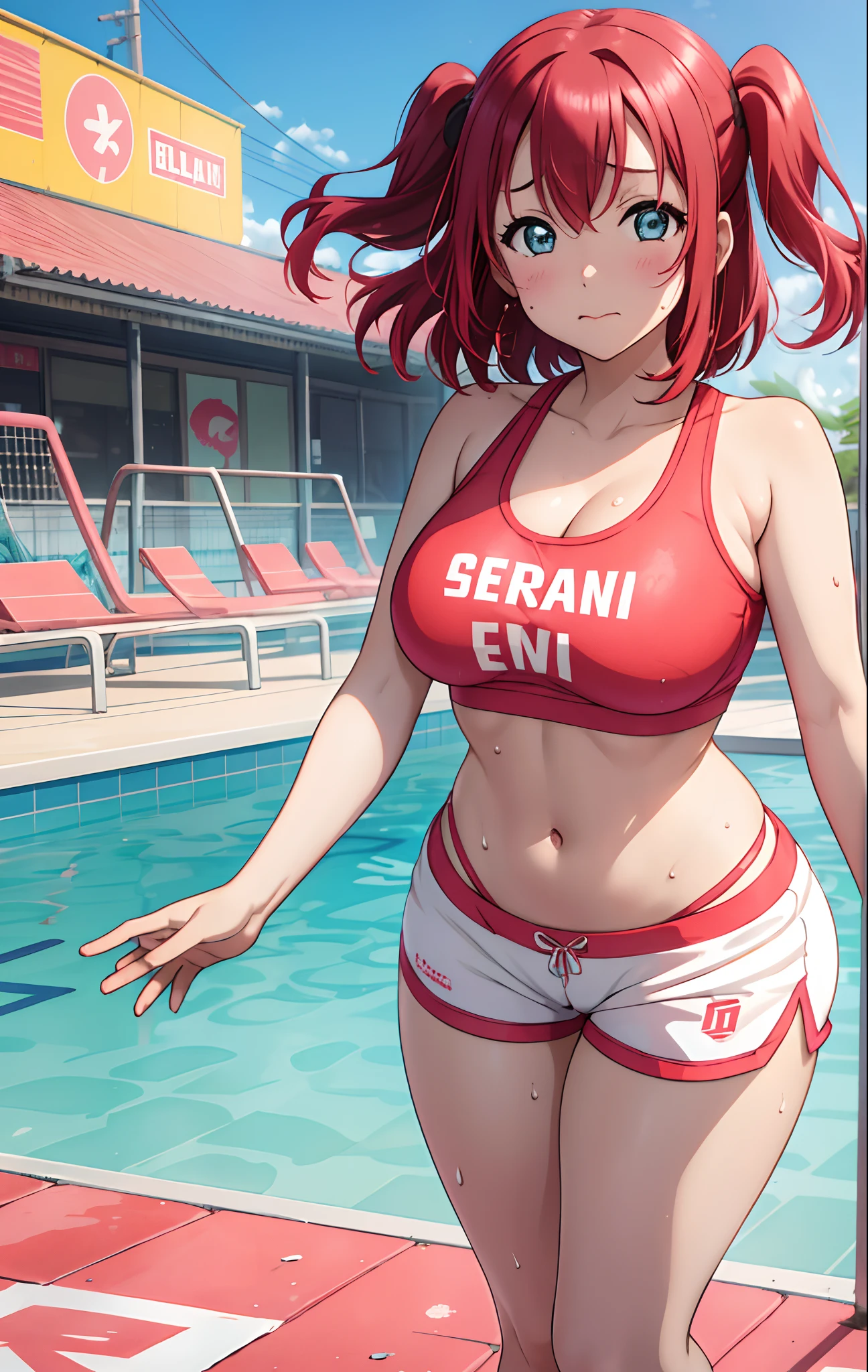 Anime girl in red bikini standing by a swimming pool - SeaArt AI