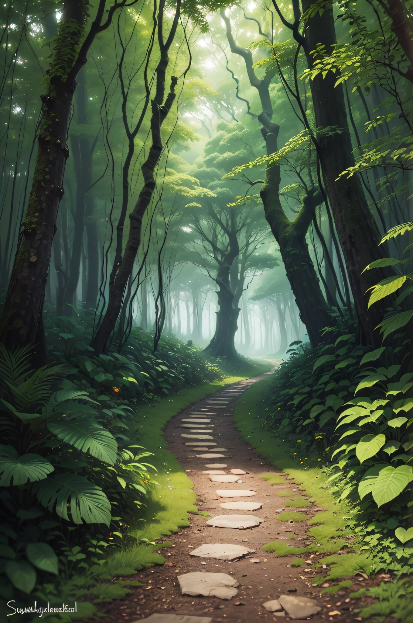 A Painting Of A Path In The Middle Of A Forest SeaArt AI