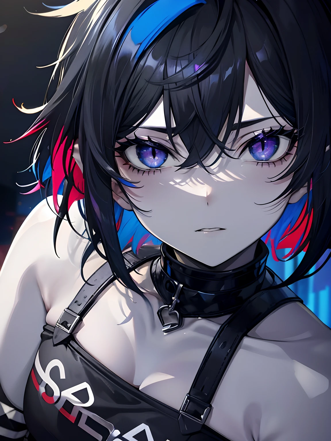 (masterpiece,best quality,ultra-detailed),1girl,messy hairstyle,thick hair,short hair, multicolored hair,blue and red and black hair, black hair,aesthetic hairstyle,pointy ears,(colored skin,blue skin,pale blue skin,grey-blue skin), beautiful and detailed face, detailed eyes,rock punk fashion,night,fog,looking at viewer,small chest,((grey theme)),((rock punk theme)),