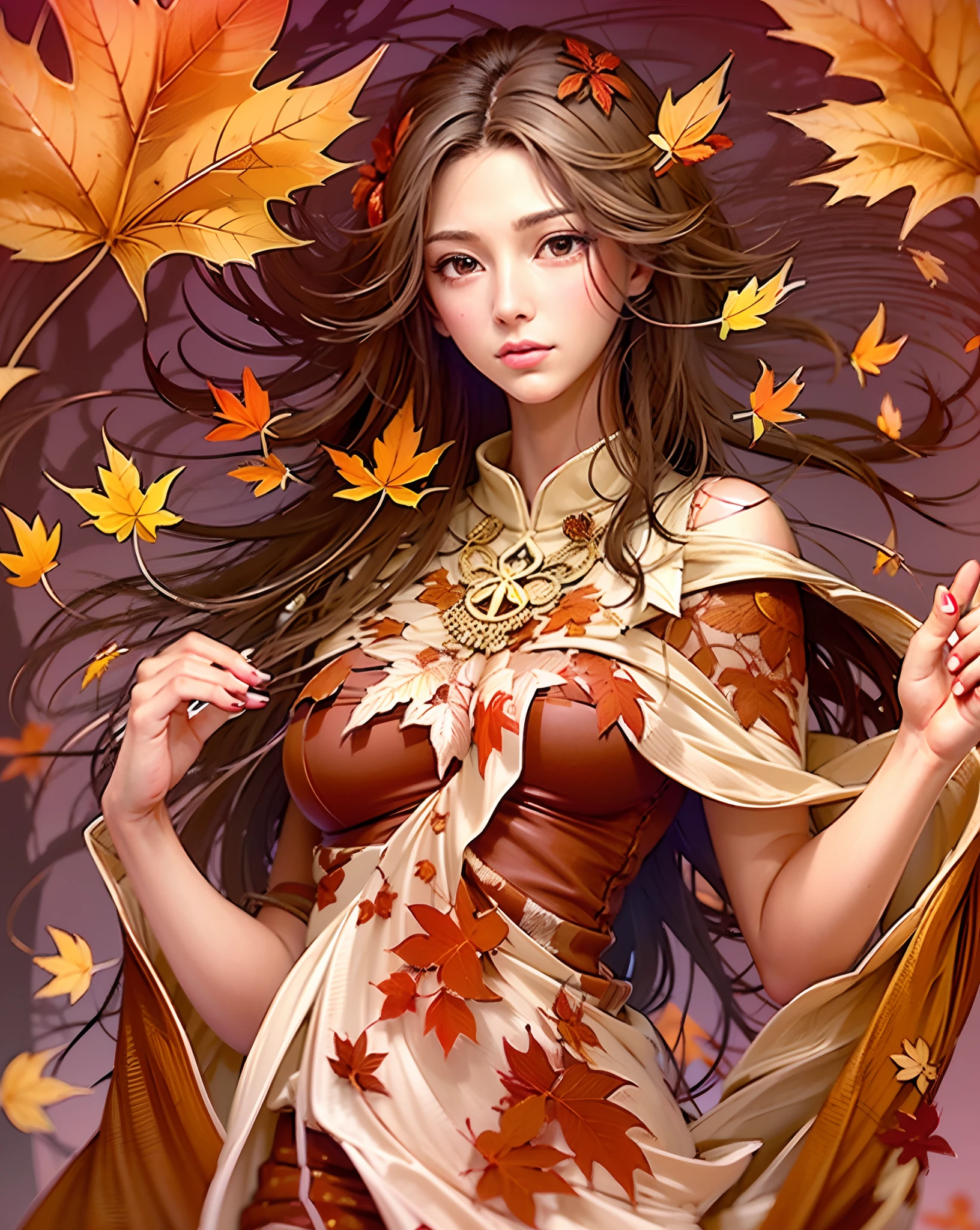 Die Göttin der Ahornblätter, ein strahlendes Wesen, geschmückt mit purpurroten Ahornblättern, die wie ein königlicher Mantel um sie herumflattern. Ihre Anwesenheit ist ein Symbol der Schönheit des Herbstes und der sanften Kraft der Natur. beste Qualität, komplizierte Details, Klare Linien, auffällige Komposition, sanfte Töne, Anime-Realismus, großzügige Kopffreiheit, dynamische pose, Dritte Regeln der Fotografie, perfekte Illustration