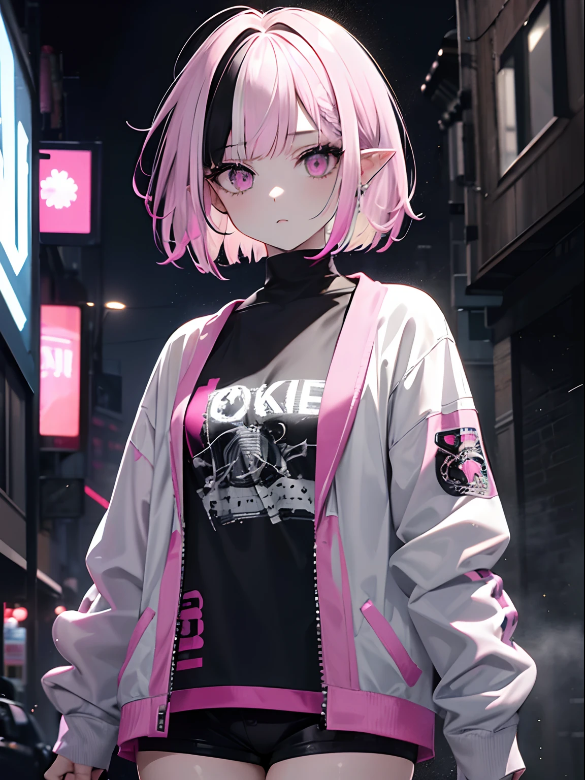 Anime girl with pink hair and black shorts walking down a city street -  SeaArt AI