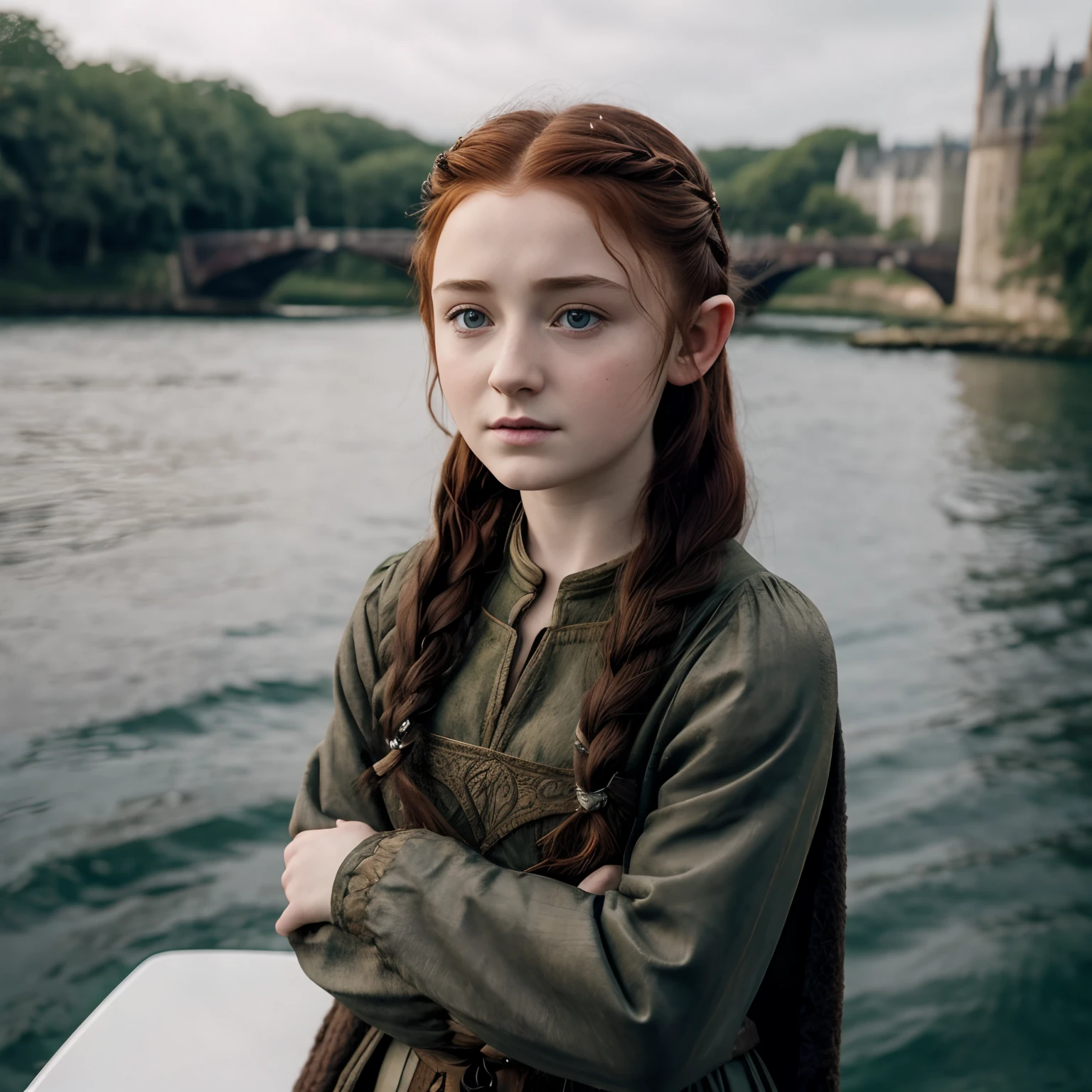 A jovem Sansa Stark com orelhas de elfo em pé em um barco com os braços cruzados