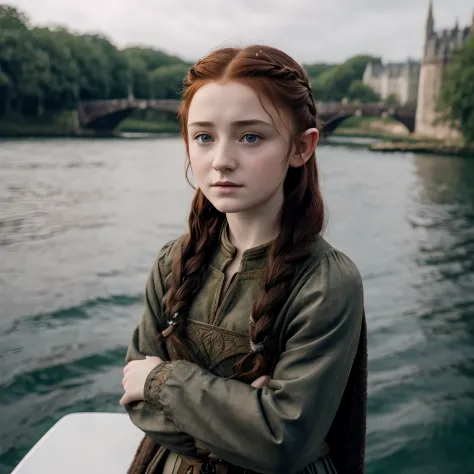 Young Sansa Stark with elf ears standing on a boat with her arms crossed